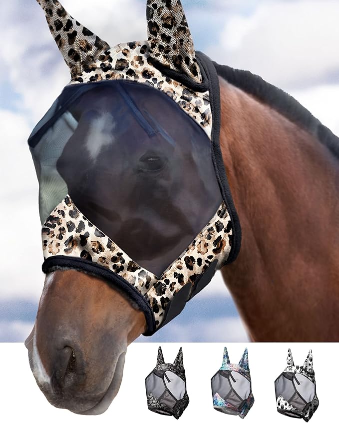 Harrison Howard LumiVista Horse Fly Mask Standard with Ears UV Protection for Horse Leopard Print XL Extra Full