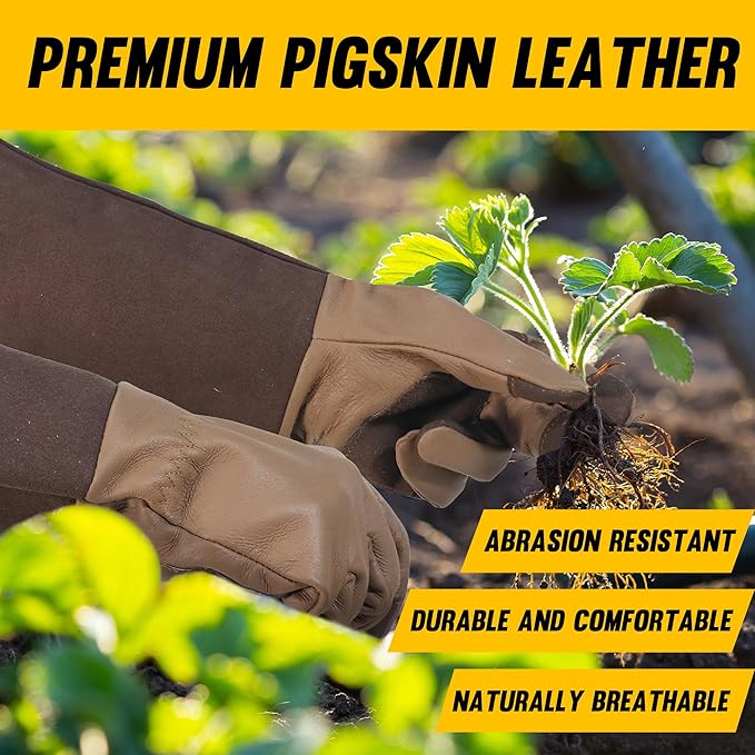 HANDLANDY Long Gardening Gloves for Men & Women, Cowhide Leather Rose Pruning Gloves- Breathable & Durable Gauntlet Glove (Medium, Brown)
