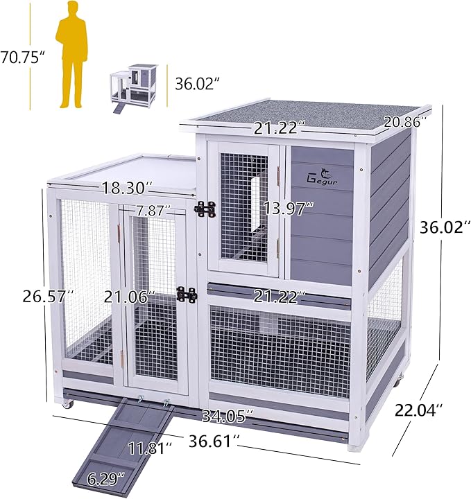 GEGURI Rabbit Hutch, Two-Story Indoor Bunny Cage, Outdoor Guinea Pig Cages for Small Animals with Wheels, Removable Tray