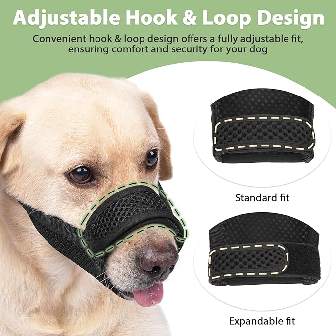 Mayerzon Dog Muzzle with Hook and Loop for Large Medium Small Dogs, Patented Soft Mesh Beagle Labrador Puppy Muzzles for Biting Chewing Grooming, Breathable, Adjustable, Allows Panting (Black, S)