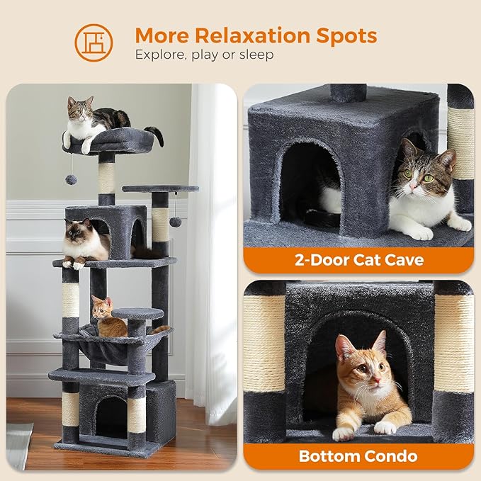 PAWZ Road Cat Tree, 53.5 Inches Tall Cat Tower with Spacious Hammocks, Condos and Scratching Posts, Cat House with Dual Padded Perches for Indoor Large Cats-Dark Gray