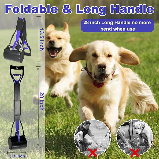 Pooper Scooper with Bags, 28" Long Handle Dog Poop Scooper for Large Medium Small Dogs, Durable Spring and High Strength Material Foldable Waste Pickup Tool for Easy Grass and Gravel Pick Up, Blue