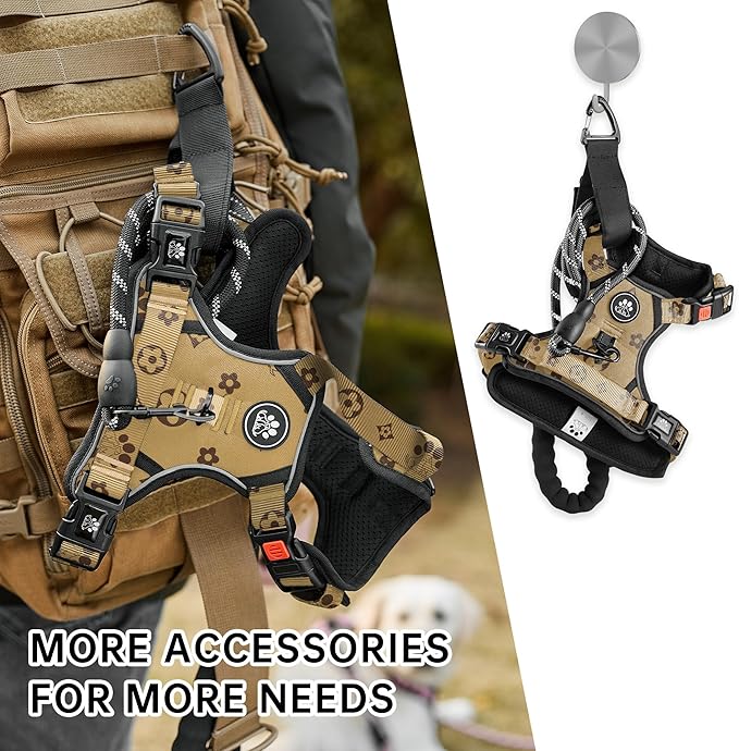 NESTROAD No Pull Dog Harness,Adjustable Oxford Dog Vest Harness with Leash,Reflective No-Choke Pet Harness with Easy Control Soft Handle for Medium Dogs(Medium,Light Brown)