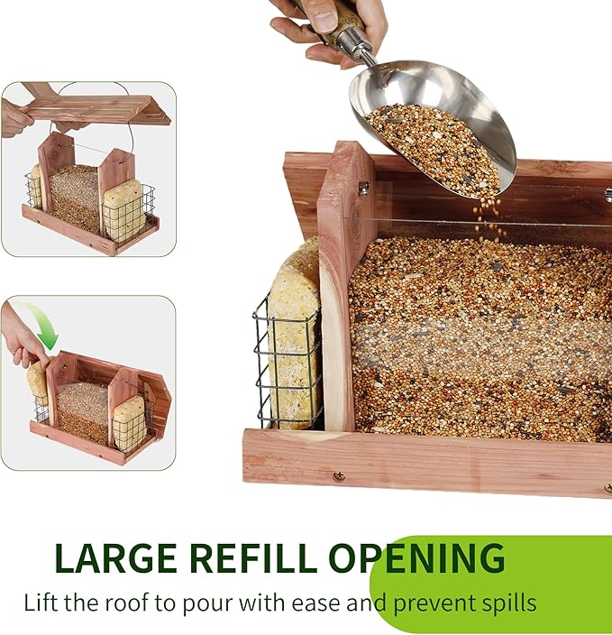 Solution4Patio US Cedar Hopper Bird Feeder for Outdoors Hanging, Handcrafted Wood Double Suet Cage & Clear View Windows, Squirrel-Proof Wild Bird Feeder for Cardinals, Finches, Chickadees