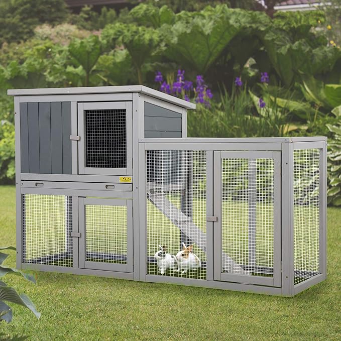 Assembled Wooden Indoor & Outdoor Rabbit Hutch, 2 Story Small Animal House Habitat, Durable Pet Bunny House Cage with Cleaning Tray, for Bunny Chick Duck Hamster (Grey)