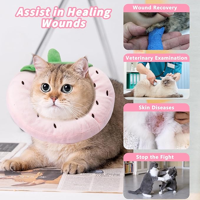 Soft Cat Cone Collar, Cute Cat Recovery Collar Suitable for Small, Medium, Large Cats,Elizabethan Neck Collar for Cats After Surgery (Strawberry, Medium)