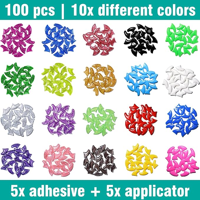 10x Colors / 100 pcs Cat Nail Caps | Cat Claw Covers with Adhesives and Applicators | Alpha (L)