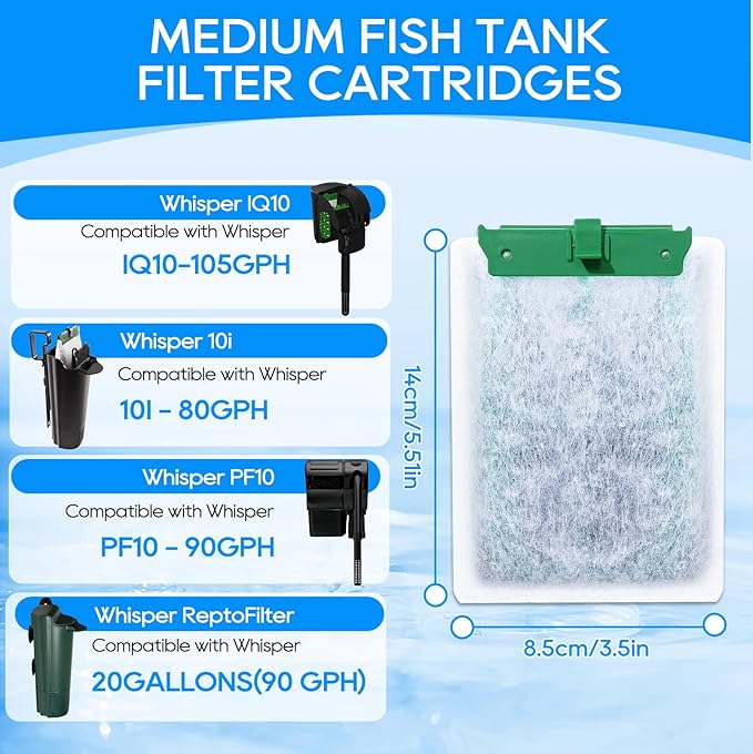 Medium Filter Cartridges Compatible with Tetra Whisper Bio-Bag Filter Cartridges Medium for Aquariums 10i IQ10 PF10, Fish Tank Filter Cartridges Power Filter Replacement for Tetra Filter, 6 PCS