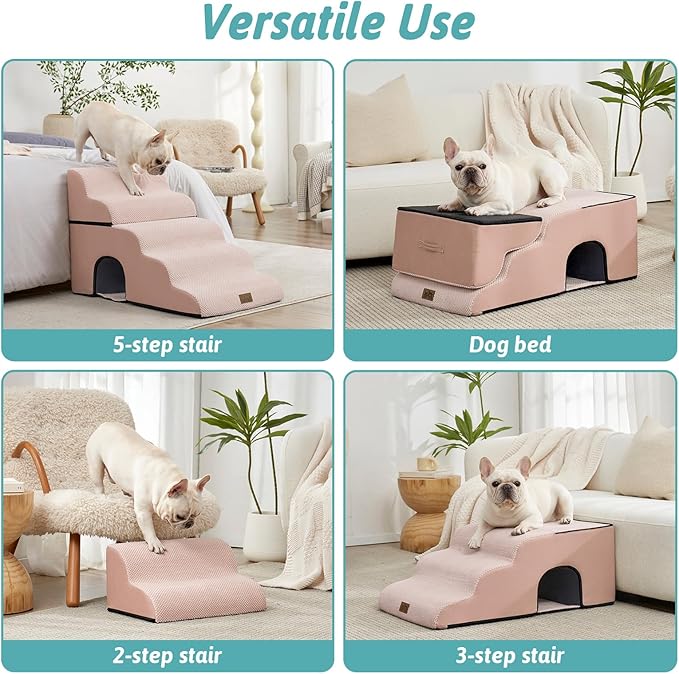 Extra Wide Dog Stairs with Tunnel, Detachable Large Pet Step for Small Medium Dog, Puppy or Cat, Ramp for High Bed, Couch, Sofa or Car, Stable, 19.7x33x22.4 inch, 5 Step, Pink