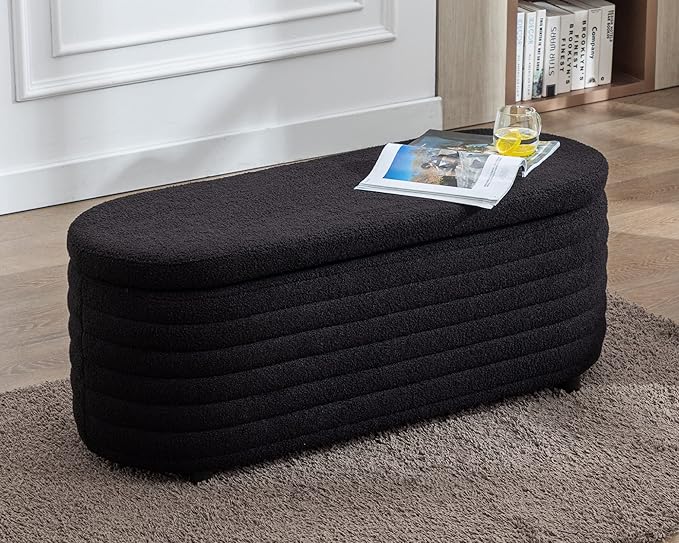 Storage Ottoman Bench Upholstered Fabric Storage Bench End of Bed Stool with Safety Hinge for Bedroom, Living Room, Entryway (45.5-inch, Black)