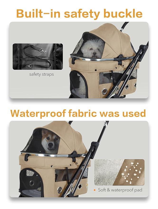 JK Pawadore 4 Wheels Pet Stroller Best Lightweight Foldable Portable Secure Easy Lock NO-Zip 180 ̊ Canopy Sun Shades Waterproof for Small/Medium Dogs 33lbs with Large Storage Basket (Khaki)