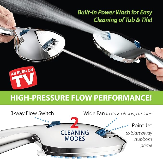 AquaCare High Pressure 8-mode Handheld Shower Head - Anti-clog Nozzles, Built-in Power Wash to Clean Tub, Tile & Pets, Extra Long 6 ft. Stainless Steel Hose, Wall & Overhead Brackets