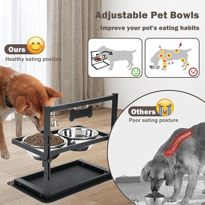 SHAINFUN Elevated Dog Bowls - Slow Feeder, Raised Stand with Two 1700ML Stainless Steel Bowls, Spill Proof Mat for Large & Medium Dogs