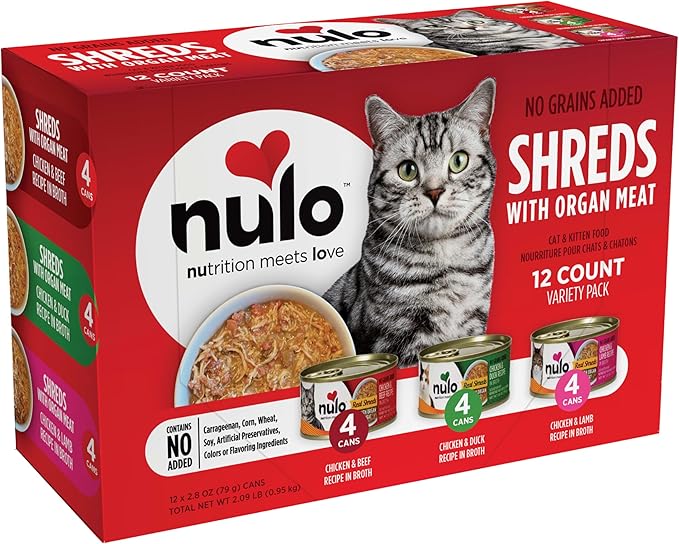 Nulo Real Shreds with Organ Meat Wet Canned Cat Food, Variety Flavors, 2.8 Ounce, 12 Cans