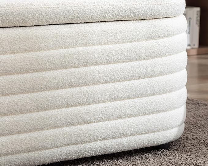 Storage Teddy Ottoman Bench Upholstered Fabric Storage Bench End of Bed Stool with Safety Hinge for Bedroom, Living Room, Entryway, Closet(44.5", White)