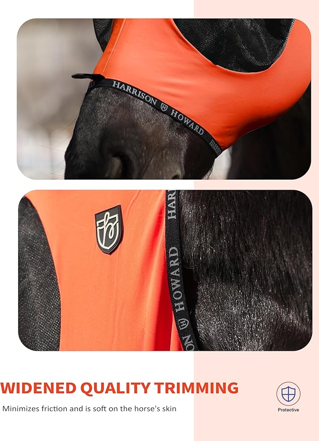 Harrison Howard Horse Fly Mask with Forelock Opening Stretch Breathable and Comfortable for Horses UV -Protection Orange L