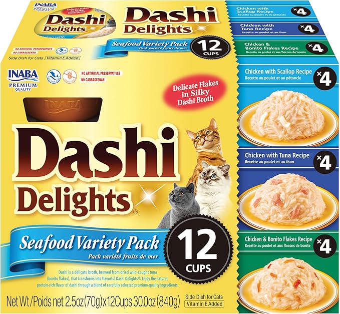 INABA Dashi Delights for Cats, Shredded Chicken with Bonito Flake Broth, 2.5 Ounce Cup, 12 Cups Total, Seafood Variety