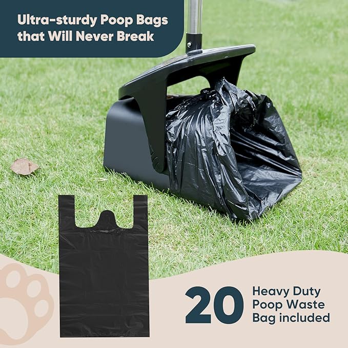 Stainless Steel Dog Pooper Scooper,40" Long Handle Swivel Bin, Rake and Spade,20 Waste Bags & Hook - Heavy Duty Portable Metal Poop Scooper for Large,Medium and Small Dogs