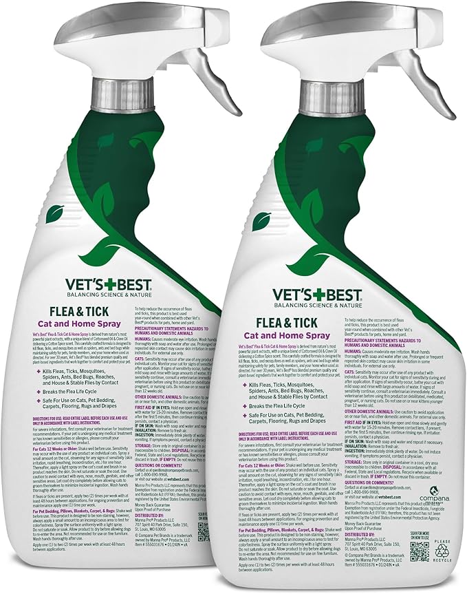 Vet's Best Natural Cat Flea & Tick Home Spray – Plant-Based Cotton Spice Mist for Cats – Indoor Flea Control with Natural Oils – Gentle Scented Spray for Home Use – Made in USA, 32 oz, 2-Pack