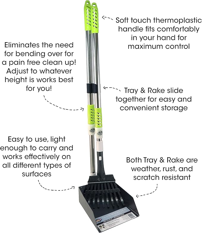 Aluminum Telescoping Metal Handled Poop Tray with Rake Sturdy Lightweight Pooper Scooper Extends 43" Long Scoop Great for Large & Small Dogs (2154)
