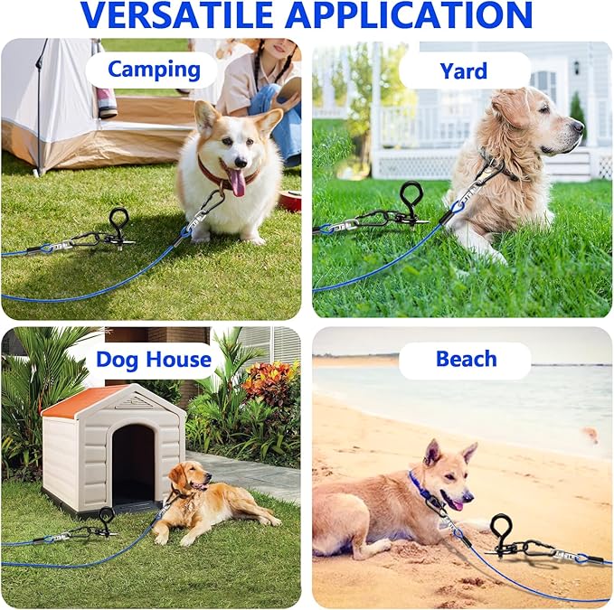 Heavy Duty Dog Tie Out Cable and Stake,16FT Rust Proof Dog Leads Tether for Yard with Swivel Hook,360°Swivel Spiral Dog Stake&Chain Up to 200 lbs,Removable Ground Anchor for Outdoor Beach Camping