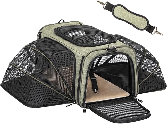 Petsfit Expandable Rabbit Carrier Bunny Carriers, 16 Inch Airline Approved Pet Carrier with 2 Extensions, Soft Washable Cushion, Self-Locking Zipper Head, Built-in Safety Rope, Fit for Travel