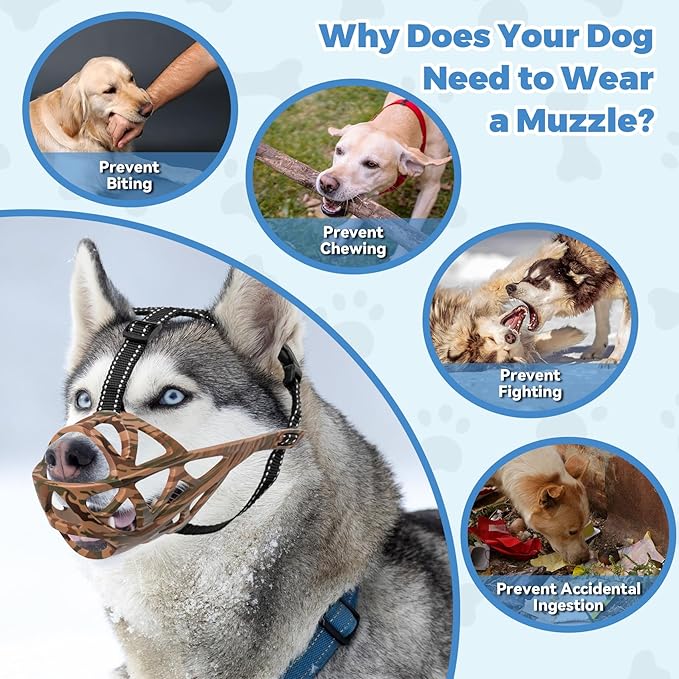 Dog Muzzle for Large Dogs, Breathable Basket Muzzles for Small, Medium and X-Large Aggressive Dog, Allows Panting Drinking, Suitable for Grooming Trimming Training (Camouflage Brown, L)