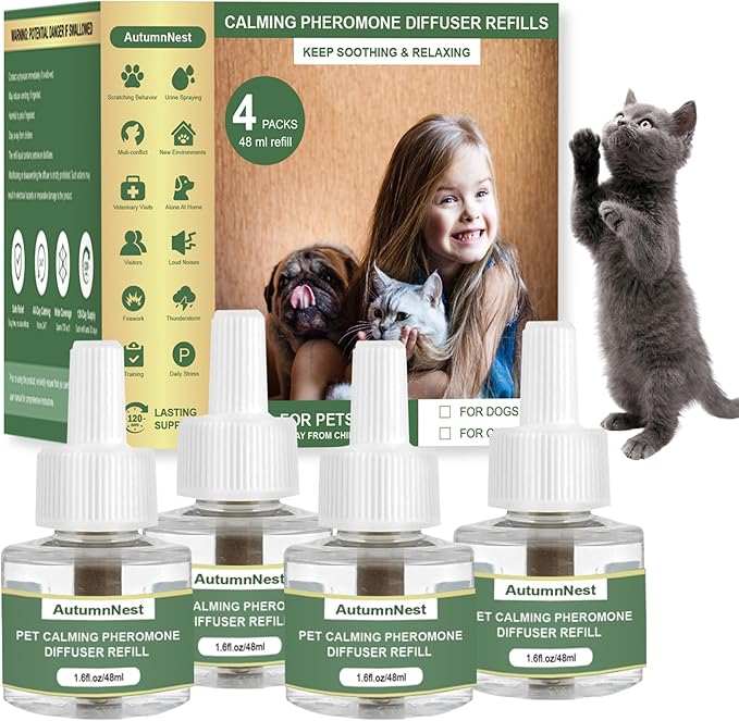 Cat Calming Pheromone Diffuser Refills, 4 Pack 48ml, Helps Relieve Cat Anxiety, Reduce Stress, Aggression, Fighting, Spraying, Scratching, Supports Cats During Vet Visits, Travel, Multi-Cat Homes