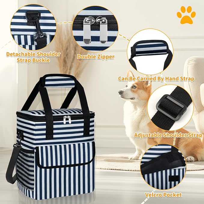 Dog Travel Bag for Camping - Pet Travel Accessories with 2 Collapsible Bowls, 2 Food Containers & Waterproof Feeding Mat - Portable Dog Carrier, Stripe (Small)