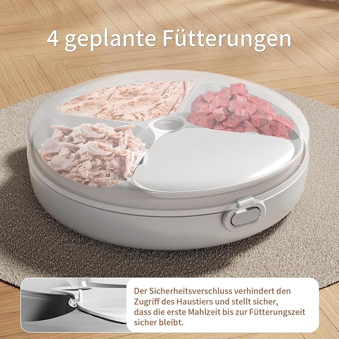 Automatic Cat Feeder Wet Food, Whisker-Friendly Automatic Cat Food Dispenser True 4-Meal Design with Locking Lid, Smart Timer Feeder for Wet Cat/Dog ，2-Ice Packs, Easy to Clean (White-1)