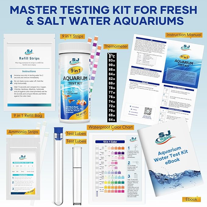 11 in 1 - Aquarium Test Strips | 950 Tests - 150 Strips | Fish Tank Aquariums Water Test Kit & ebook | Aquarium Thermometer | Fish Tank Water Testing Kit Includes 50 Ammonia Strips | Versatile Usage
