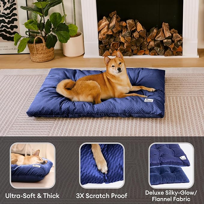 FUNNY FUZZY 2 in 1 Dog Bed Crate Pad Mat, Washable Reversible Pet Floor Mats,Fluffy Kennel Pad for Small Large Sized Dog,Indoor Cats,Sleeping Mattress, 29.9" × 18.9", Midnight Blue