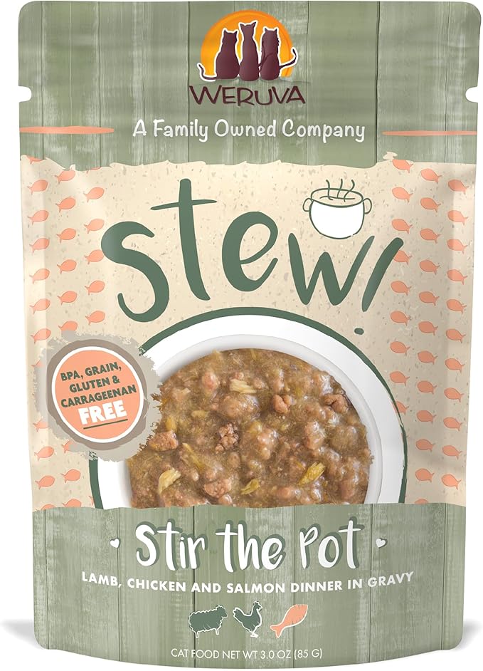 Weruva Classic Cat Stews!, Stir The Pot with Lamb, Chicken & Salmon in Gravy, 3oz Pouch (Pack of 12)
