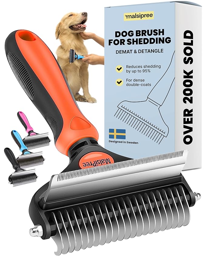 MalsiPree Dog Brush for Shedding - 2 in 1 Undercoat Rake Deshedding Tool for Medium to Large Double-Coated Dog Grooming - Pet Dematting Comb - Pet Deshedder (Orange) - Deshedding Brush