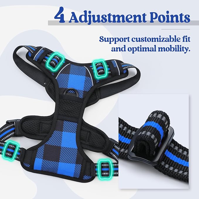 rabbitgoo Dog Harness No Pull with 2 Leash Clips, Adjustable Soft Padded, Reflective Oxford No Choke Pet Vest with Easy Control Handle for Medium Sized Dogs, Blue Plaid, M