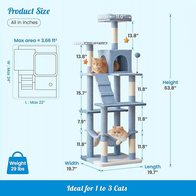 MWPO Ocean-Themed Cat Tree for Indoor Cats, 63.8 Inches Multi-Level Tower with Sisal-Covered Scratching Posts, Padded Platform, Hammock, Dangling Toys, Stable Condo Pet Play House, Blue