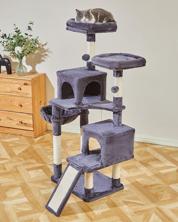 Taoqimiao 56.3-Inch Cat Tree, Cat Tower with Scratching Posts, Cat Tree House for Indoor Cats with hammocks, Toys, Condo and Large Scratch Board, Smoky Gray MS012G