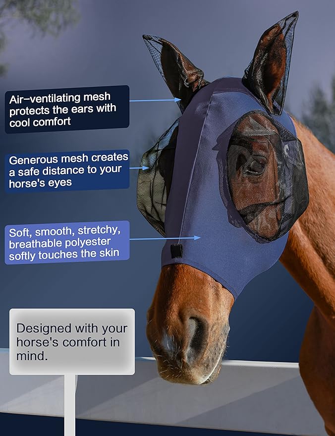 Horse Fly Mask with Ears, UV Protection Mask for Horses, Elasticity Mask with Big Mesh Eye Covers, Snug Fitting Comfortable Breathable Lightweight Navy Full Size