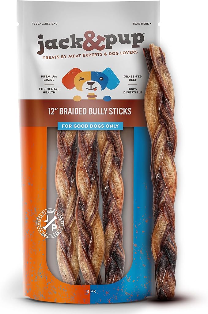 Jack&Pup 12" Braided Bully Sticks (3 Pack) Long Lasting Thick Bully Sticks for Large Dogs and Aggressive Chewers, Single Ingredient Dog Chews