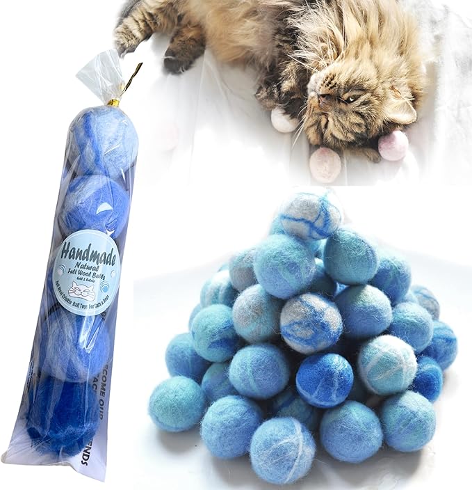 Felt Wool Cat Toys Ball with Catnip and Bell, Natural Handmade (Baby Blue (5 Units))