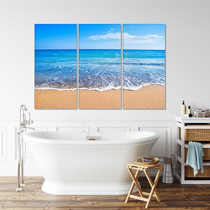 Nature Wall Art Prints - Ocean Forest Mountain Lake Canvas Landscapes - Small to Extra Large Living Room Bedroom Kitchen Bathroom Décor (Sandy Ocean Beach, 39L" x 59W" - 3 Panels)