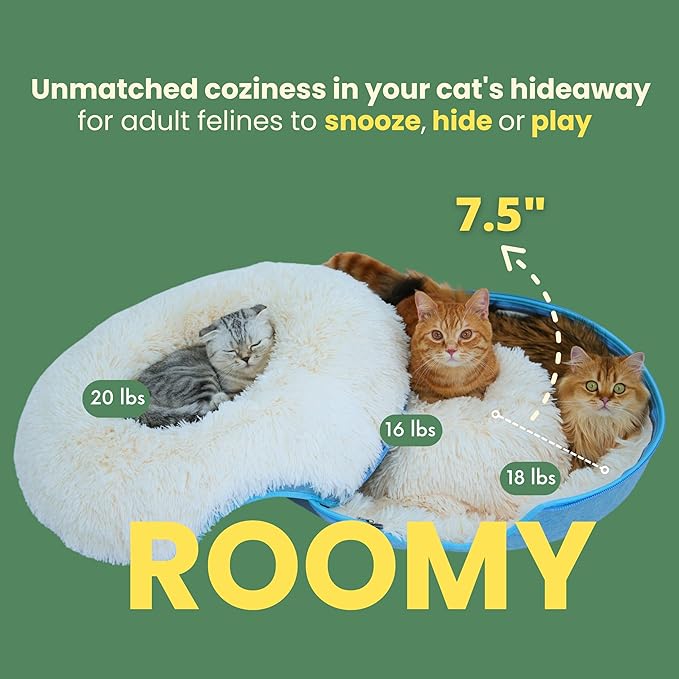 CATTASAURUS Peekaboo Cat Cave for Multiple & Large Cats Up to 30-45 Lbs, Fluffy Cat Beds for Indoor Cats, Scratch Detachable & Washable Tunnel Bed, Comfy Donut Cat Cave (Blue, Large (Calming))
