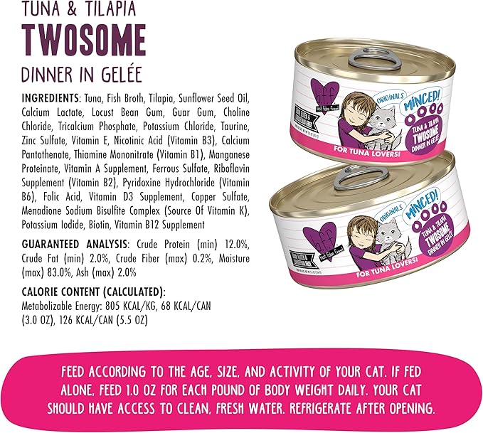 Weruva BFF Minced Natural Wet Cat Food, Tuna and Tilapia Twosome in Gelee, 3oz Can, Pack of 24
