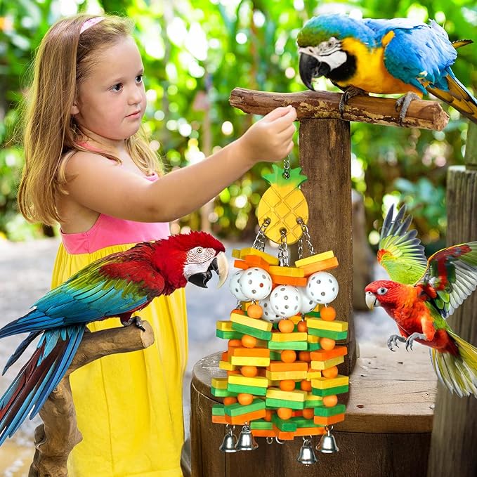 Large Wooden Bird Toys for Parrots, Cockatoos, Cockatiels, and Parakeets, Safe and Durable Shredding Cage Toy for Engaging Play Things (Pineapple)