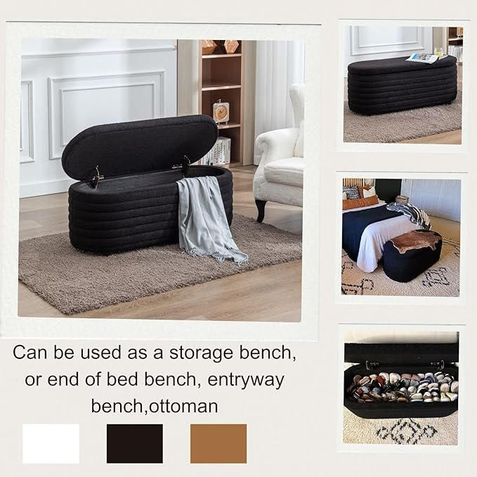 Storage Ottoman Bench Upholstered Fabric Storage Bench End of Bed Stool with Safety Hinge for Bedroom, Living Room, Entryway (45.5-inch, Black)
