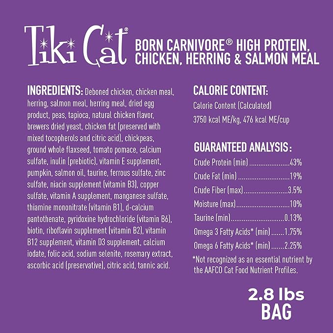 Tiki Cat Born Carnivore High Protein Dry Cat Food, Chicken Herring & Salmon Meal, 2.8 lbs. Bag