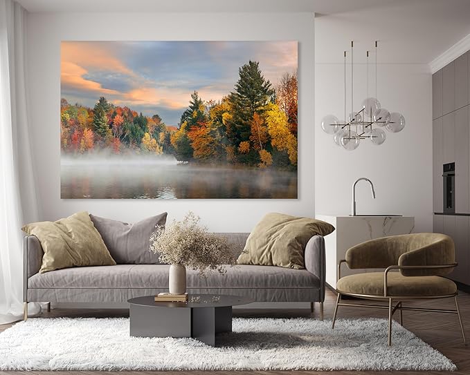 Nature Wall Art Prints - Ocean Forest Mountain Lake Canvas Landscapes - Small to Extra Large Living Room Bedroom Kitchen Bathroom Décor (Misty Fall Reflection, 20L" x 30W")