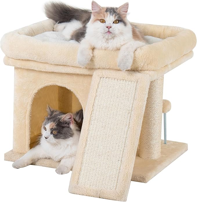 14in Cat Tree Tower with Large Perch, 20 * 16.5 Inch Top Bed for Adult Cats, Scratching Post with Bed for Kittens, Beige