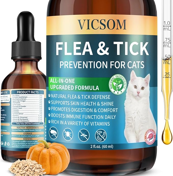 Natural Flea and Tick Prevention for Cats, Herbal Cat Flea and Tick Treatment Support Drops Flea Support with Prebiotics Probiotics for Cats Kitten - Ideal for Sensitive Cat - Salmon Flavor