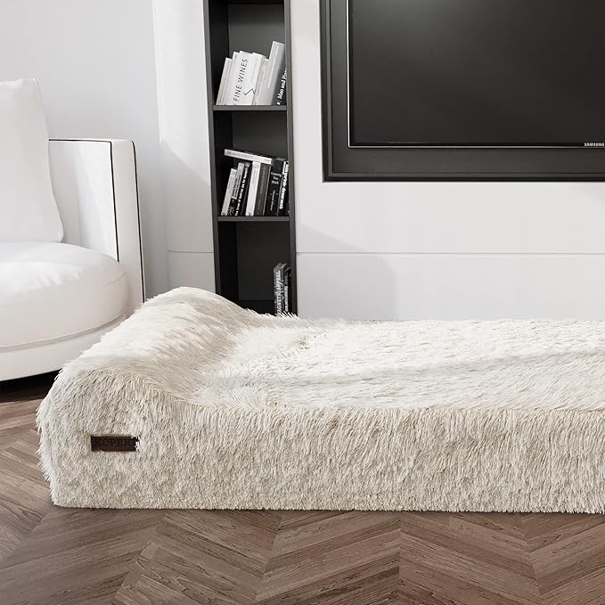 KOPEKS Orthopedic Memory Foam Dog Bed 7" Inch Thick Extra Large Dog Bed with Pillow Fluffy Brown 50"x34"x10" Includes Waterproof Liner & Durable Removable Cover with Smart Design